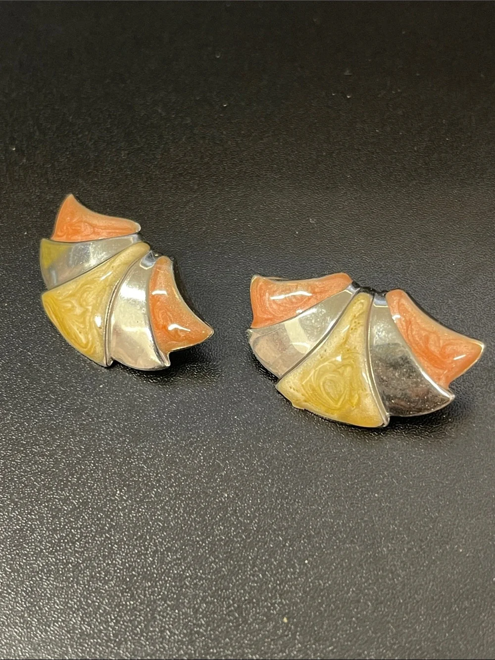 Vintage Fan-Shaped Enamel Clip Earrings in Coral, Yellow & Silver